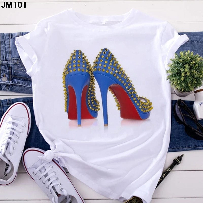 Eleganza Italiana White T Shirt Women Top Casual Tshirt Fashion High Heel Shoes Print Tshirt summer Harajuku Short Sleeve Female Tee Femme T-shirt Streetwear high fashion shein amazon temu target Walmart online