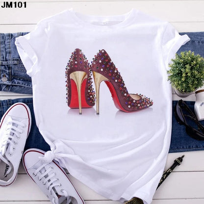 Eleganza Italiana White T Shirt Women Top Casual Tshirt Fashion High Heel Shoes Print Tshirt summer Harajuku Short Sleeve Female Tee Femme T-shirt Streetwear high fashion shein amazon temu target Walmart online