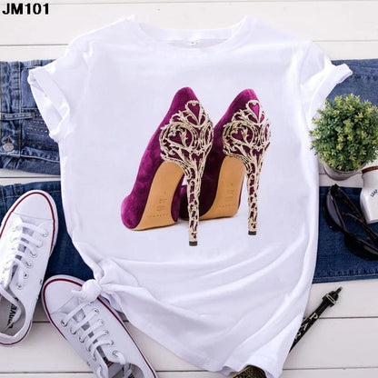 Eleganza Italiana White T Shirt Women Top Casual Tshirt Fashion High Heel Shoes Print Tshirt summer Harajuku Short Sleeve Female Tee Femme T-shirt Streetwear high fashion shein amazon temu target Walmart online