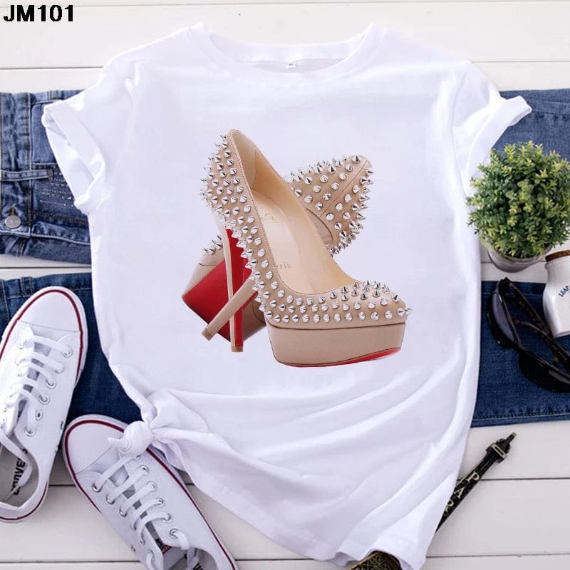 Eleganza Italiana White T Shirt Women Top Casual Tshirt Fashion High Heel Shoes Print Tshirt summer Harajuku Short Sleeve Female Tee Femme T-shirt Streetwear high fashion shein amazon temu target Walmart online