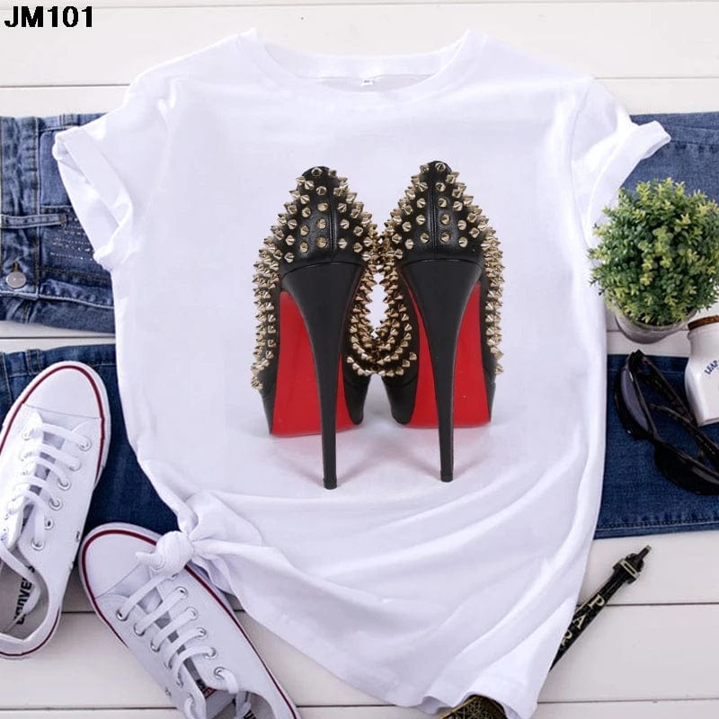 Eleganza Italiana White T Shirt Women Top Casual Tshirt Fashion High Heel Shoes Print Tshirt summer Harajuku Short Sleeve Female Tee Femme T-shirt Streetwear high fashion shein amazon temu target Walmart online