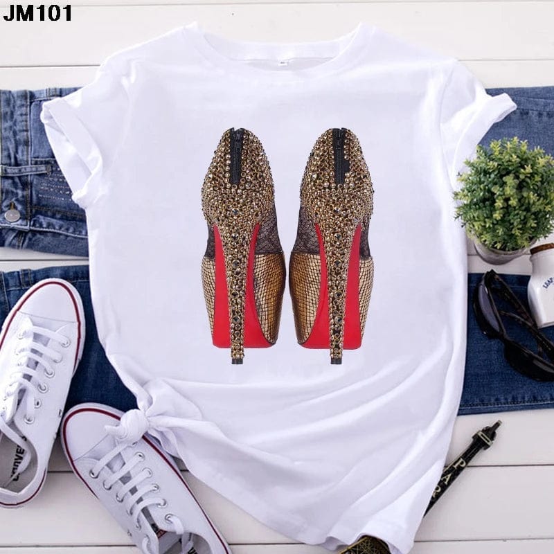 Eleganza Italiana White T Shirt Women Top Casual Tshirt Fashion High Heel Shoes Print Tshirt summer Harajuku Short Sleeve Female Tee Femme T-shirt Streetwear high fashion shein amazon temu target Walmart online