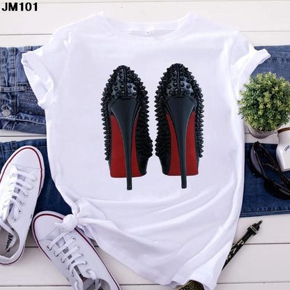 Eleganza Italiana White T Shirt Women Top Casual Tshirt Fashion High Heel Shoes Print Tshirt summer Harajuku Short Sleeve Female Tee Femme T-shirt Streetwear high fashion shein amazon temu target Walmart online