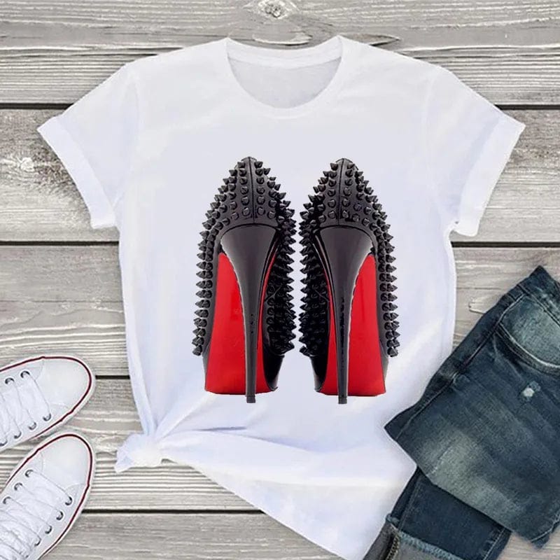 Eleganza Italiana White T Shirt Women Tops Fashion Tshirt High Heel Shoes Print Tshirt Female 2020 Summer Short Sleeve Tee Shirt Femme Clothing Streetwear high fashion shein amazon temu target Walmart online