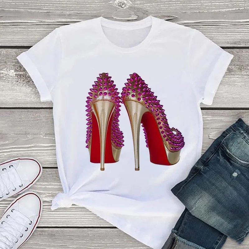 Eleganza Italiana White T Shirt Women Tops Fashion Tshirt High Heel Shoes Print Tshirt Female 2020 Summer Short Sleeve Tee Shirt Femme Clothing Streetwear high fashion shein amazon temu target Walmart online