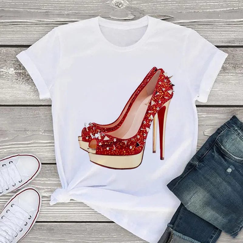 Eleganza Italiana White T Shirt Women Tops Fashion Tshirt High Heel Shoes Print Tshirt Female 2020 Summer Short Sleeve Tee Shirt Femme Clothing Streetwear high fashion shein amazon temu target Walmart online