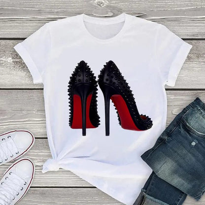 Eleganza Italiana White T Shirt Women Tops Fashion Tshirt High Heel Shoes Print Tshirt Female 2020 Summer Short Sleeve Tee Shirt Femme Clothing Streetwear high fashion shein amazon temu target Walmart online