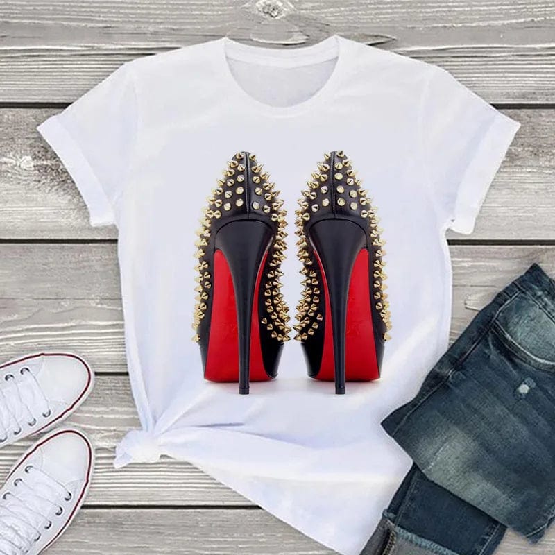 Eleganza Italiana White T Shirt Women Tops Fashion Tshirt High Heel Shoes Print Tshirt Female 2020 Summer Short Sleeve Tee Shirt Femme Clothing Streetwear high fashion shein amazon temu target Walmart online