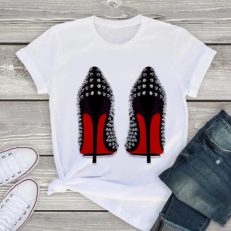 Eleganza Italiana White T Shirt Women Tops Fashion Tshirt High Heel Shoes Print Tshirt Female 2020 Summer Short Sleeve Tee Shirt Femme Clothing Streetwear high fashion shein amazon temu target Walmart online