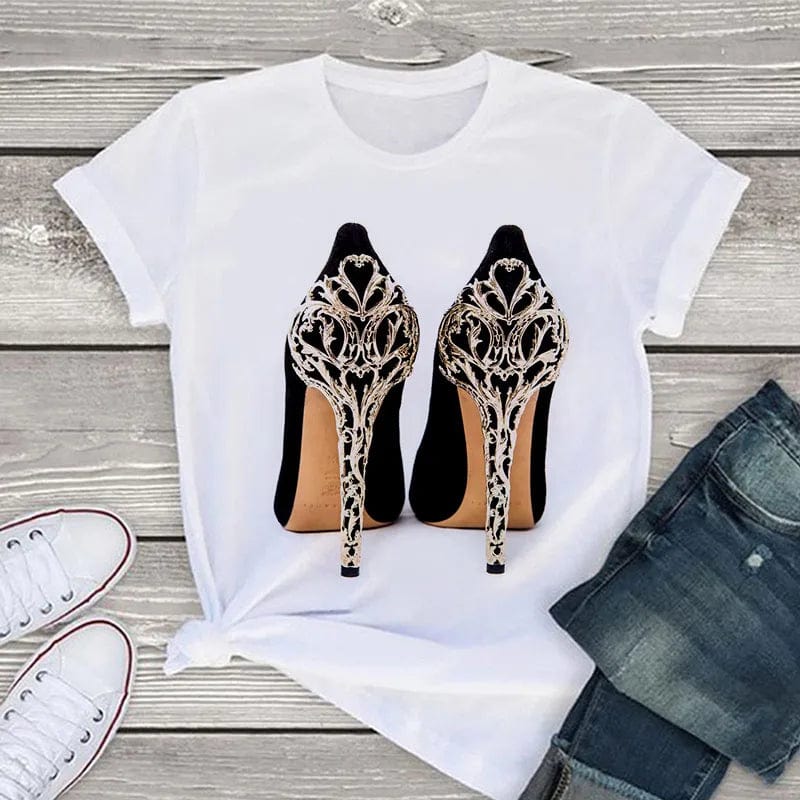 Eleganza Italiana White T Shirt Women Tops Fashion Tshirt High Heel Shoes Print Tshirt Female 2020 Summer Short Sleeve Tee Shirt Femme Clothing Streetwear high fashion shein amazon temu target Walmart online