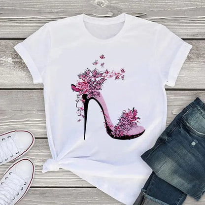 Eleganza Italiana White T Shirt Women Tops Fashion Tshirt High Heel Shoes Print Tshirt Female 2020 Summer Short Sleeve Tee Shirt Femme Clothing Streetwear high fashion shein amazon temu target Walmart online