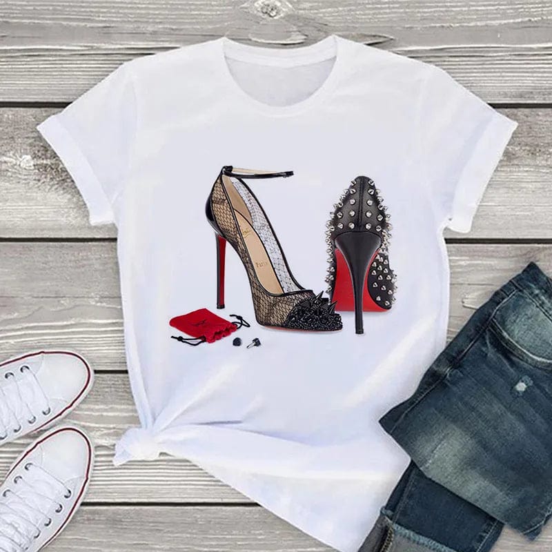 Eleganza Italiana White T Shirt Women Tops Fashion Tshirt High Heel Shoes Print Tshirt Female 2020 Summer Short Sleeve Tee Shirt Femme Clothing Streetwear high fashion shein amazon temu target Walmart online