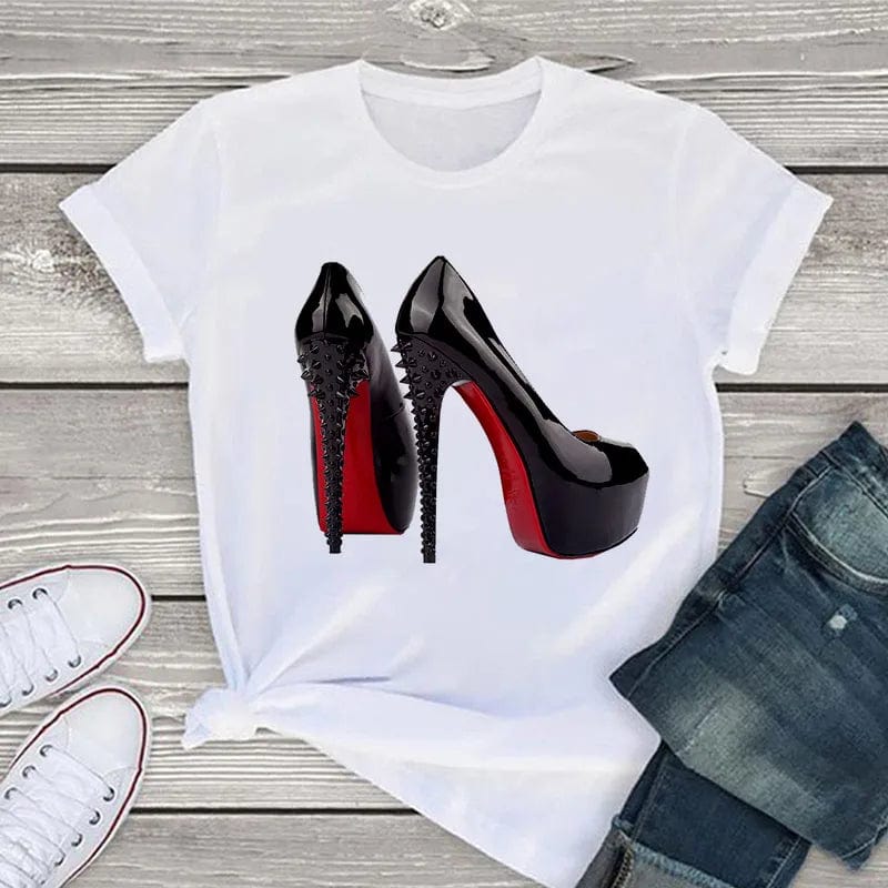 Eleganza Italiana White T Shirt Women Tops Fashion Tshirt High Heel Shoes Print Tshirt Female 2020 Summer Short Sleeve Tee Shirt Femme Clothing Streetwear high fashion shein amazon temu target Walmart online