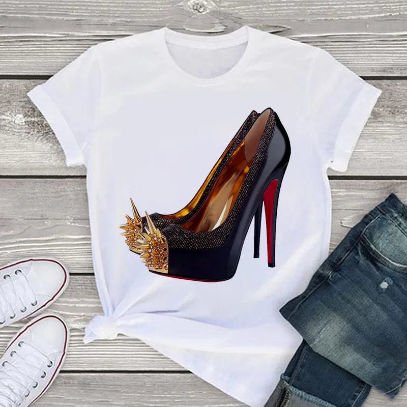 Eleganza Italiana White T Shirt Women Tops Fashion Tshirt High Heel Shoes Print Tshirt Female 2020 Summer Short Sleeve Tee Shirt Femme Clothing Streetwear high fashion shein amazon temu target Walmart online