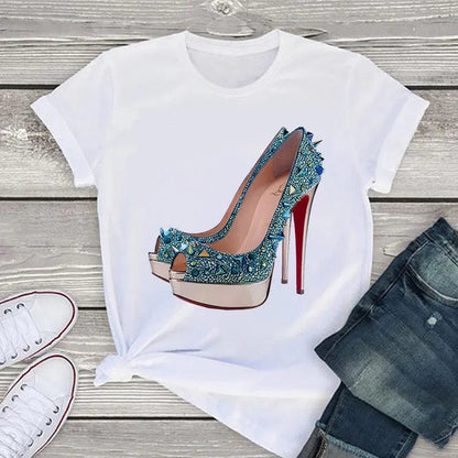 Eleganza Italiana White T Shirt Women Tops Fashion Tshirt High Heel Shoes Print Tshirt Female 2020 Summer Short Sleeve Tee Shirt Femme Clothing Streetwear high fashion shein amazon temu target Walmart online