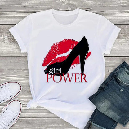 Eleganza Italiana White T Shirt Women Tops Fashion Tshirt High Heel Shoes Print Tshirt Female 2020 Summer Short Sleeve Tee Shirt Femme Clothing Streetwear high fashion shein amazon temu target Walmart online