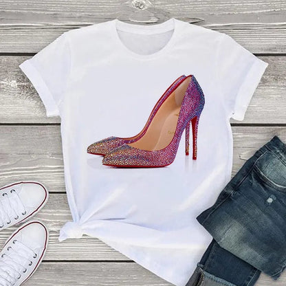 Eleganza Italiana White T Shirt Women Tops Fashion Tshirt High Heel Shoes Print Tshirt Female 2020 Summer Short Sleeve Tee Shirt Femme Clothing Streetwear high fashion shein amazon temu target Walmart online