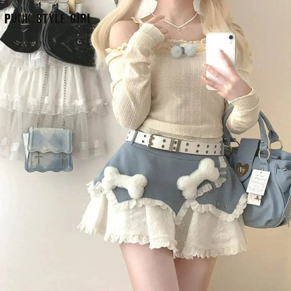 Eleganza Italiana Women 90s Cute Plush Bone Lace Patchwork Mini Skirt Japanese Kawaii Lolita Cake Skirt Cute Y2k High Waist A-line Shorts Skirt Streetwear high fashion shein amazon temu target Walmart online