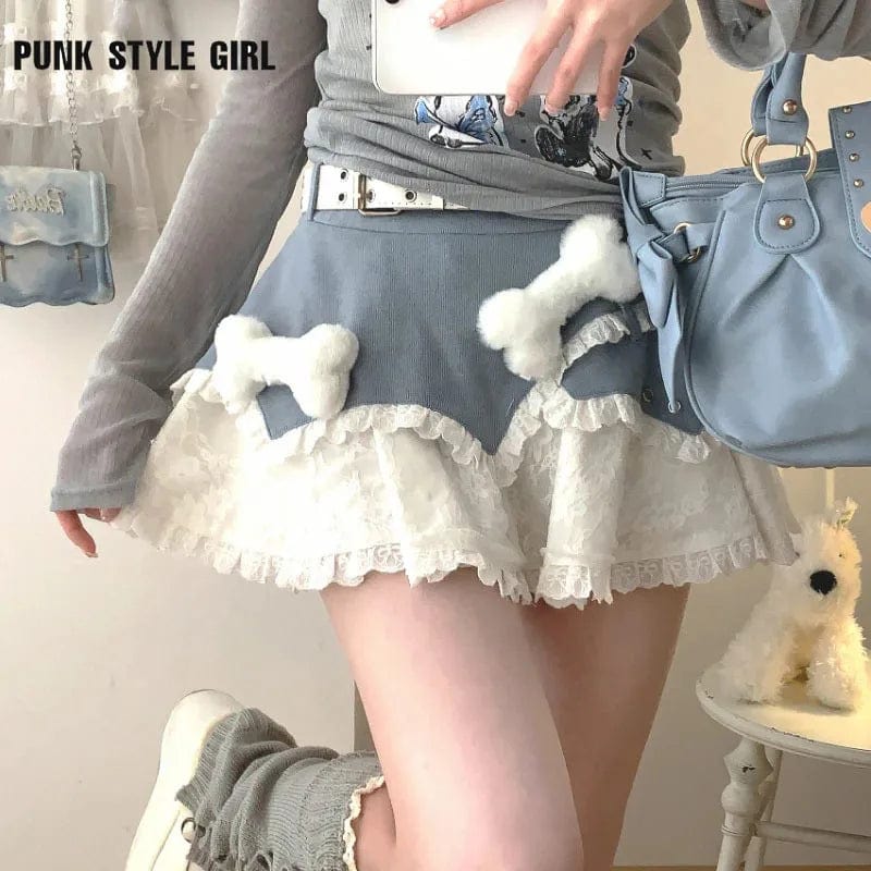 Eleganza Italiana Women 90s Cute Plush Bone Lace Patchwork Mini Skirt Japanese Kawaii Lolita Cake Skirt Cute Y2k High Waist A-line Shorts Skirt Streetwear high fashion shein amazon temu target Walmart online