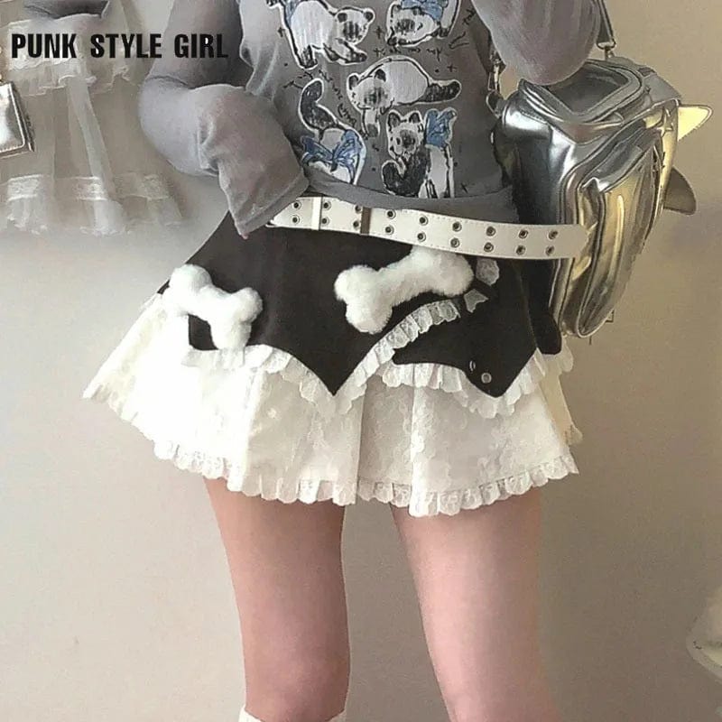 Eleganza Italiana Women 90s Cute Plush Bone Lace Patchwork Mini Skirt Japanese Kawaii Lolita Cake Skirt Cute Y2k High Waist A-line Shorts Skirt Streetwear high fashion shein amazon temu target Walmart online