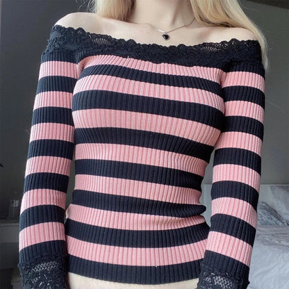 Eleganza Italiana Women Aesthetic Y2K Long Sleeve Shirt Striped Off-Shoulder Tops Casual Pullover for Fall Club Streetwear Fall Spring Clothes Streetwear high fashion shein amazon temu target Walmart online