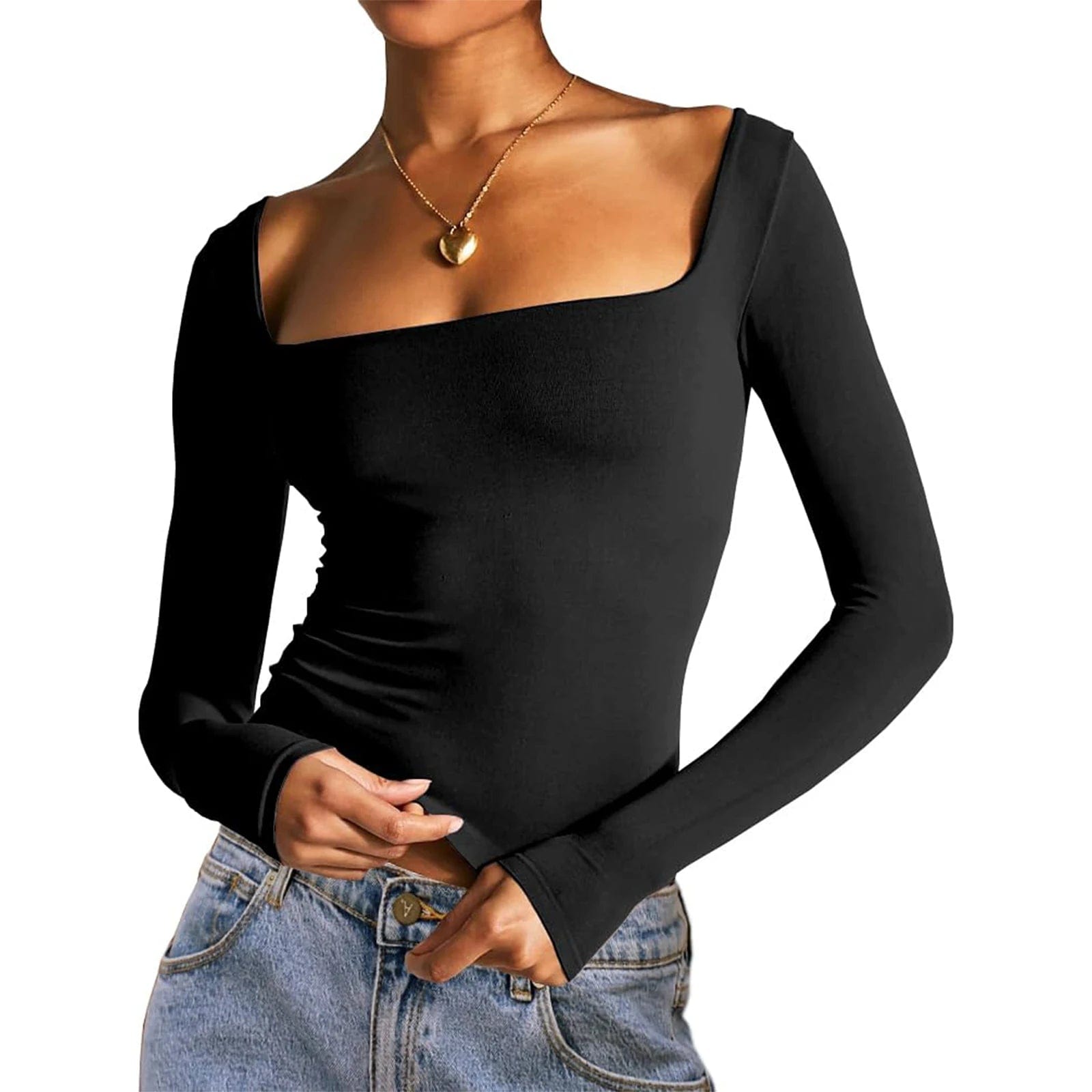 Eleganza Italiana Women Crop Top Y2k Long Sleeve Square Neck Slim Fit Tight Fall Tee Shirt Basic Blouse Going out Top Streetwear Streetwear high fashion shein amazon temu target Walmart online