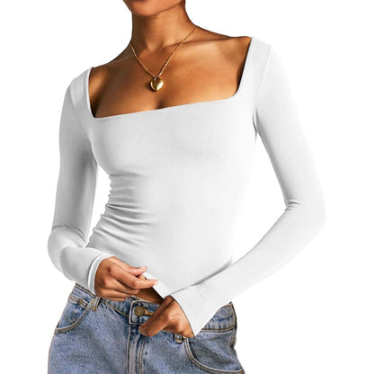 Eleganza Italiana Women Crop Top Y2k Long Sleeve Square Neck Slim Fit Tight Fall Tee Shirt Basic Blouse Going out Top Streetwear Streetwear high fashion shein amazon temu target Walmart online