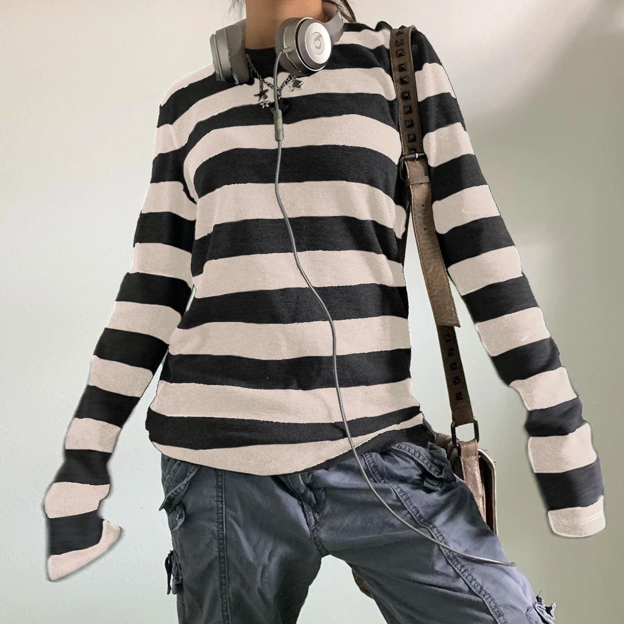 Eleganza Italiana Women Fairy Grunge Knit Basic Shirt Autumn Y2K Grey Black Striped Long Sleeve Round Neck Tops Emo Tee Streetwear high fashion shein amazon temu target Walmart online