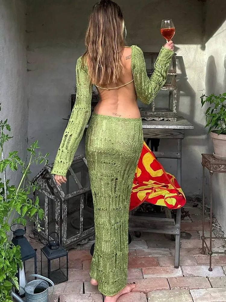 Eleganza Italiana Women Fashion Knitted Solid Long Sleeve Backless Sexy Slim Maxi Dress 2023 Fall See Through Vacation Party Outfit Y2K Streetwear high fashion shein amazon temu target Walmart online