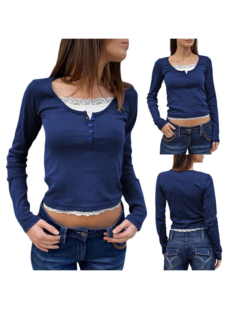 Eleganza Italiana Women Gothic Fake Two Piece Shirt Y2k Long Sleeve Half Button Crop Tops Fall Casual Slim Fit Lace Pullover Tee Shirt Streetwear high fashion shein amazon temu target Walmart online