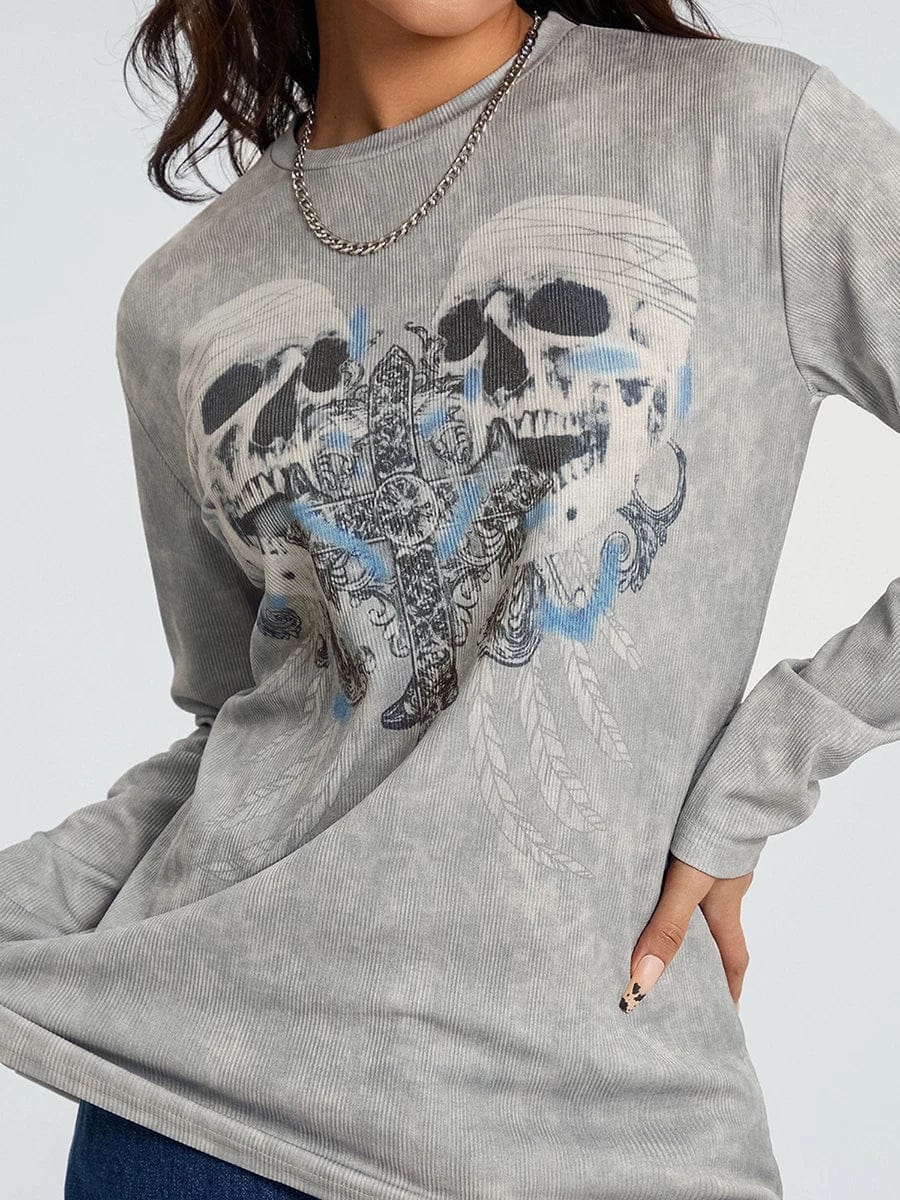 Eleganza Italiana Women Gothic Long Sleeve T-Shirts Halloween Goth Dark Skulls Cross Print Round Neck Slim Casual Tops Fall Shirts Streetwear Y2K Streetwear high fashion shein amazon temu target Walmart online