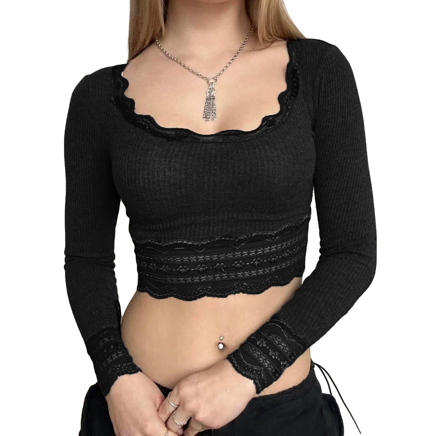 Eleganza Italiana Women Lace Trim Long Sleeve Shirt Slim Fit Ribbed Knit Crop Tops Fall Casual Grunge Square Neck Basic Tee Streetwear Streetwear high fashion shein amazon temu target Walmart online