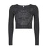 Eleganza Italiana Women Long Sleeve Crop Tops Rhinestones Floral Patterns Round Neck Slim Fit Blouse Female Spring Fall Pullovers Tee Gothic Y2K Streetwear high fashion shein amazon temu target Walmart online