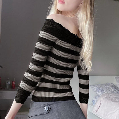 Eleganza Italiana Women Long Sleeve Shirt Striped Off-Shoulder Tops Casual Pullover for Fall Club Streetwear Aesthetic Clothes Streetwear high fashion shein amazon temu target Walmart online