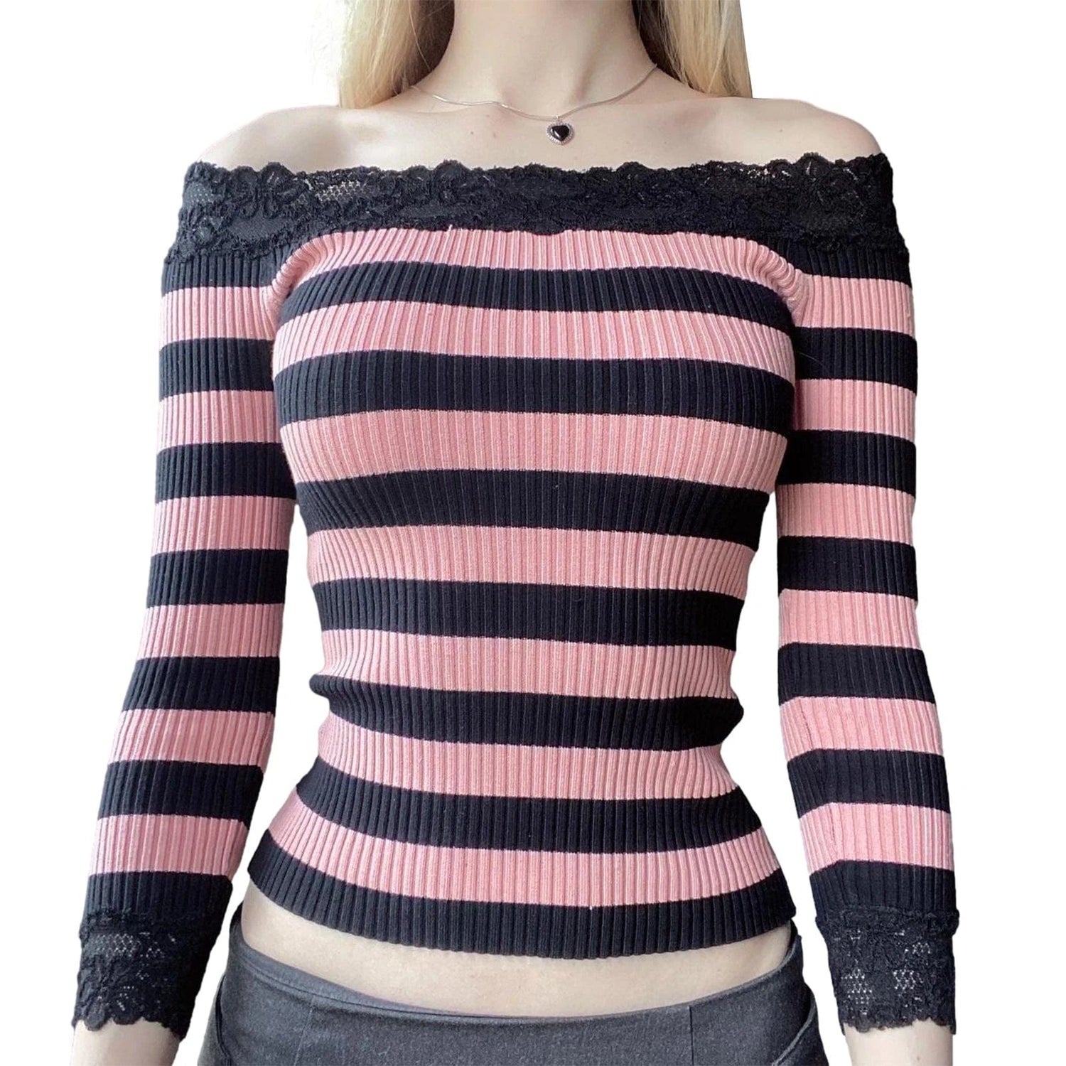 Eleganza Italiana Women Long Sleeve Shirt Striped Off-Shoulder Tops Casual Pullover for Fall Club Streetwear Aesthetic Clothes Streetwear high fashion shein amazon temu target Walmart online