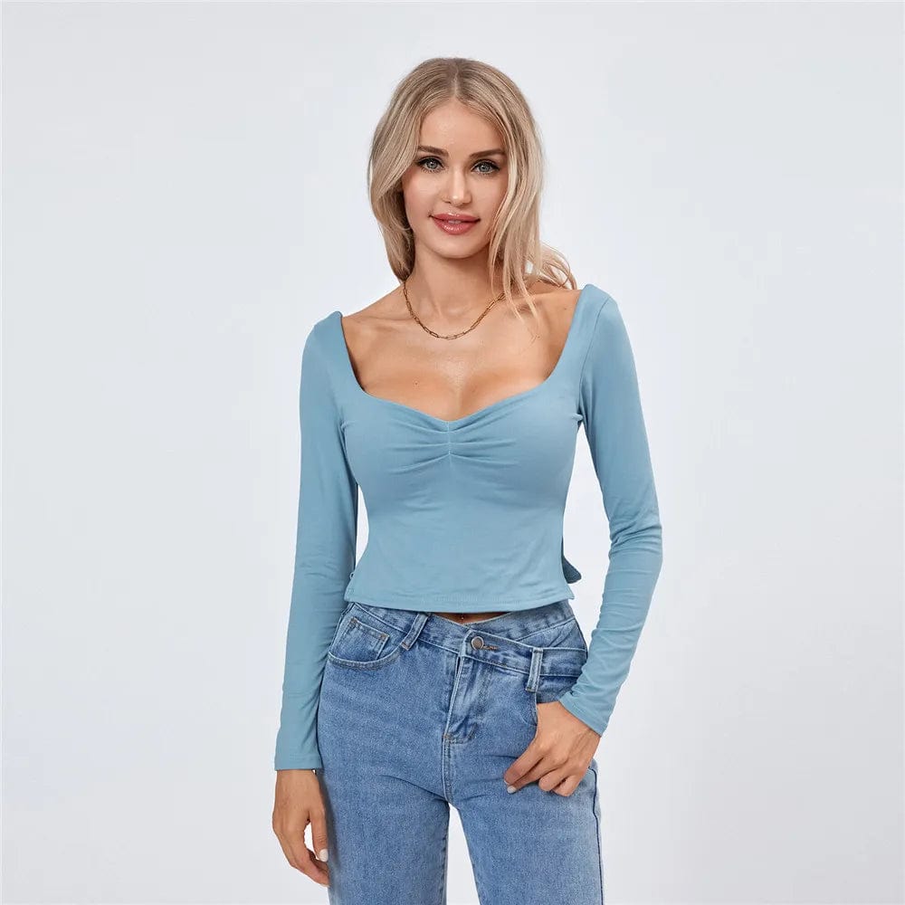 Eleganza Italiana Women Long Sleeve Square Neck Backless Crop Top Side Slit Y2k Cute Going Out Tops Slim Fit Fall Backless Tee Shirts Steetwear Streetwear high fashion shein amazon temu target Walmart online