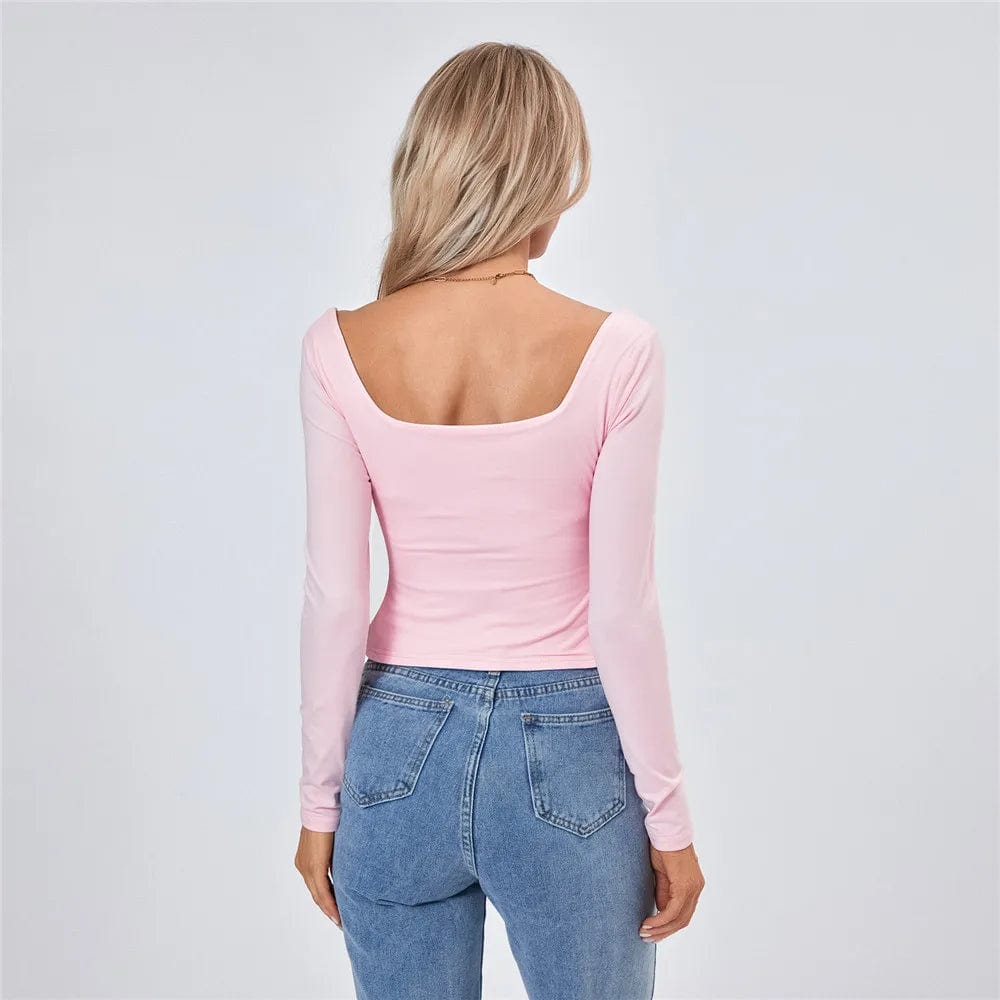 Eleganza Italiana Women Long Sleeve Square Neck Backless Crop Top Side Slit Y2k Cute Going Out Tops Slim Fit Fall Backless Tee Shirts Steetwear Streetwear high fashion shein amazon temu target Walmart online