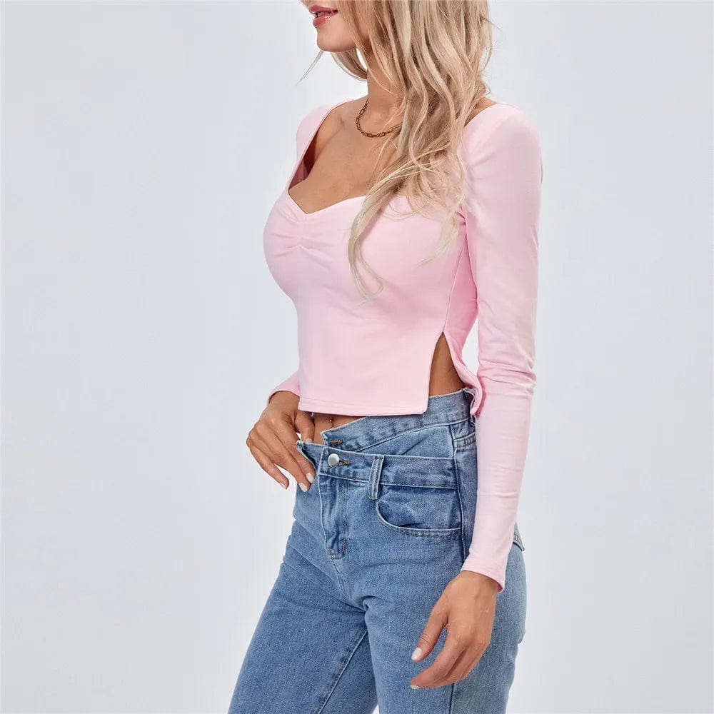 Eleganza Italiana Women Long Sleeve Square Neck Backless Crop Top Side Slit Y2k Cute Going Out Tops Slim Fit Fall Backless Tee Shirts Steetwear Streetwear high fashion shein amazon temu target Walmart online