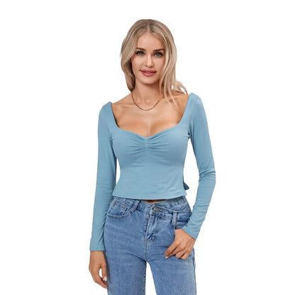 Eleganza Italiana Women Long Sleeve Square Neck Backless Crop Top Side Slit Y2k Cute Going Out Tops Slim Fit Fall Backless Tee Shirts Steetwear Streetwear high fashion shein amazon temu target Walmart online