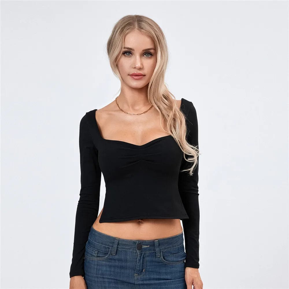 Eleganza Italiana Women Long Sleeve Square Neck Backless Crop Top Side Slit Y2k Cute Going Out Tops Slim Fit Fall Backless Tee Shirts Steetwear Streetwear high fashion shein amazon temu target Walmart online