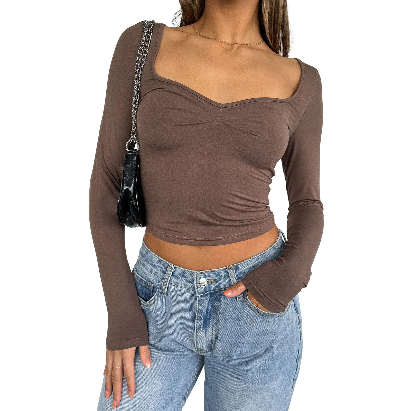 Eleganza Italiana Women Long Sleeve Sweetheart Neck Crop Top Slim Fit  Going Out Tops Y2k Spring Fall Cute Basic Tight Tee Shirt Streetwear high fashion shein amazon temu target Walmart online