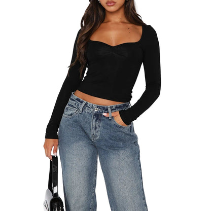 Eleganza Italiana Women Long Sleeve Sweetheart Neck Crop Top Slim Fit  Going Out Tops Y2k Spring Fall Cute Basic Tight Tee Shirt Streetwear high fashion shein amazon temu target Walmart online