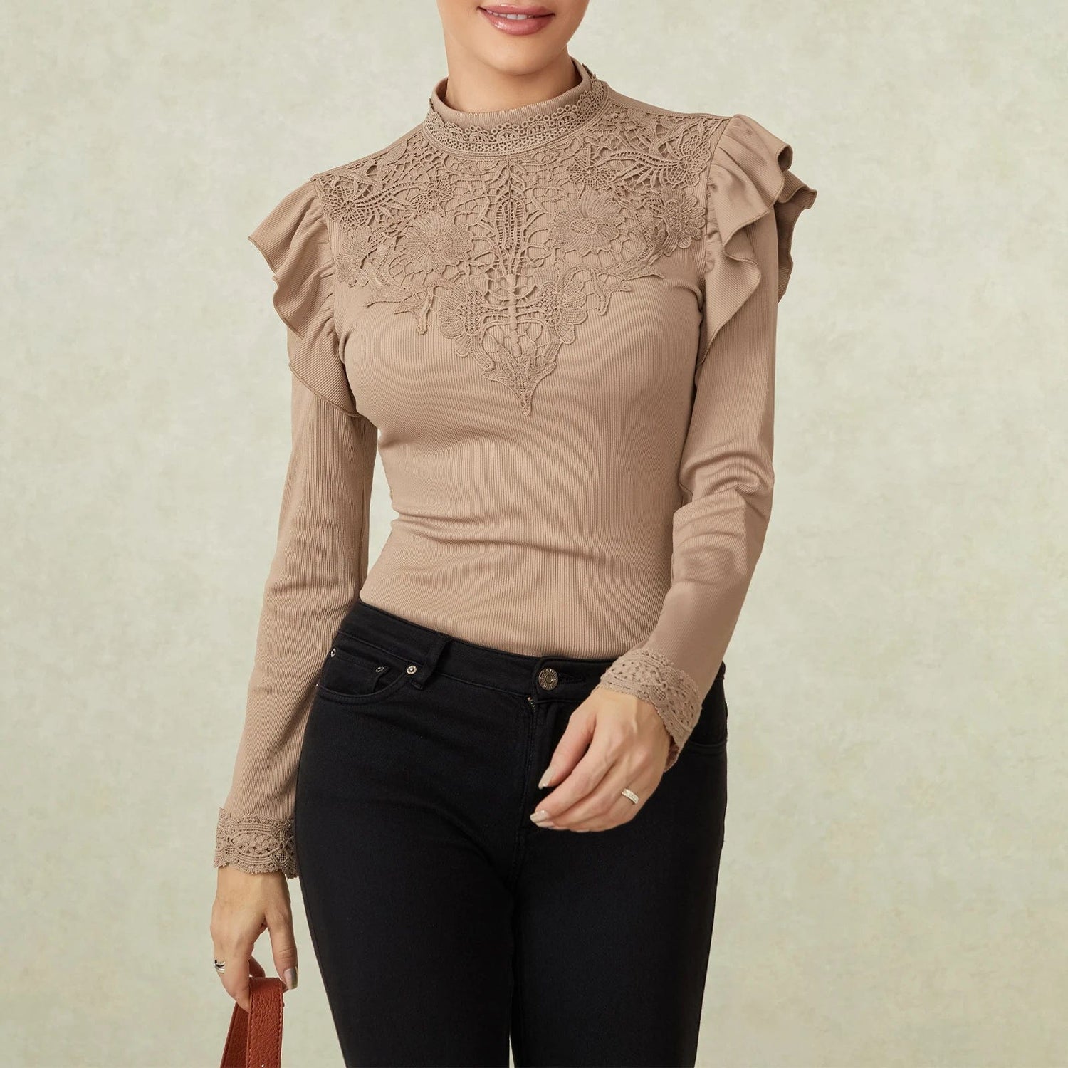 Eleganza Italiana Women Long Sleeve T-Shirts Lace Patchwork Ruffles Mock Neck Casual Shirts Fall Winter Fashion Slim Fit Tops Streetwear high fashion shein amazon temu target Walmart online