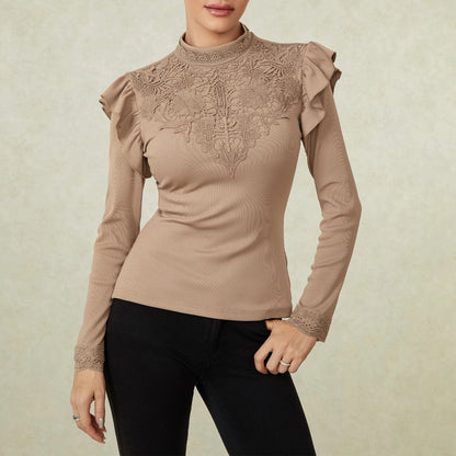 Eleganza Italiana Women Long Sleeve T-Shirts Lace Patchwork Ruffles Mock Neck Casual Shirts Fall Winter Fashion Slim Fit Tops Streetwear high fashion shein amazon temu target Walmart online