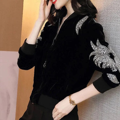 Eleganza Italiana Women Long Sleeve Velvet Jackets 2021 Fashion Spring High Quality Baseball Coats Women Casual Slim Ladies Jackets Clothes Streetwear high fashion shein amazon temu target Walmart online