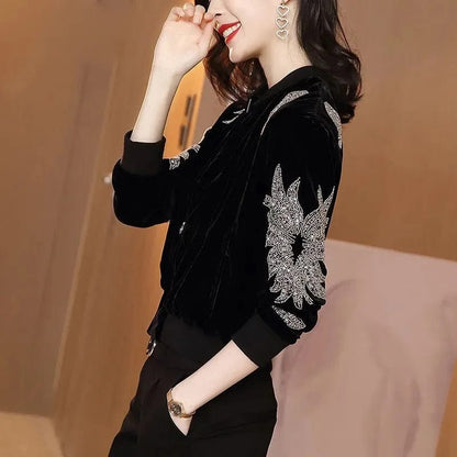 Eleganza Italiana Women Long Sleeve Velvet Jackets 2021 Fashion Spring High Quality Baseball Coats Women Casual Slim Ladies Jackets Clothes Streetwear high fashion shein amazon temu target Walmart online