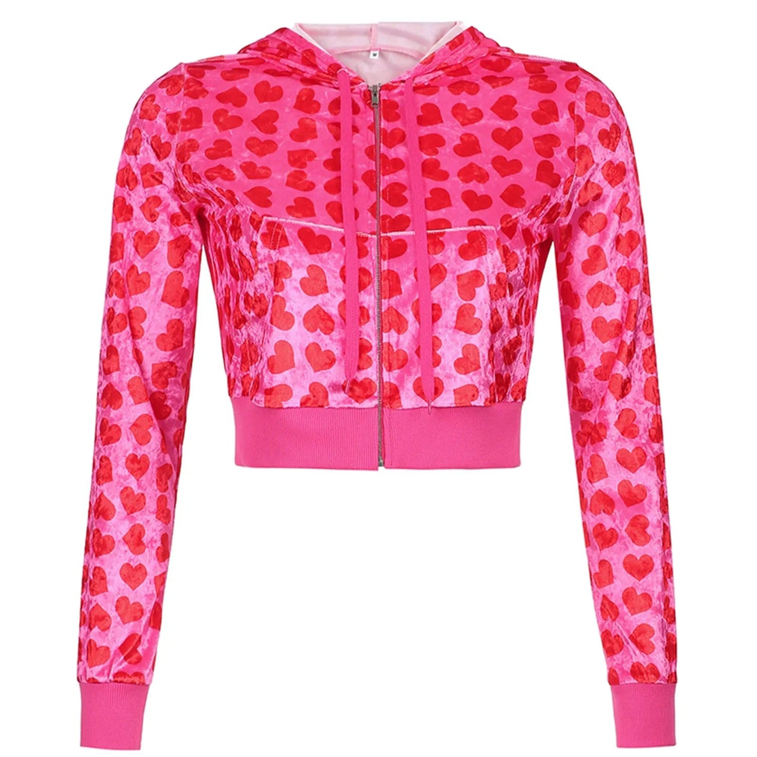 Eleganza Italiana Women Pink Heart Print Velvet Crop Hoodies Zip Up Y2K Long Sleeve Cropped Sweatshirts Coat 90s E Girl Jacket Tracksuit Streetwear high fashion shein amazon temu target Walmart online