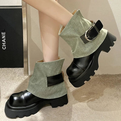 Eleganza Italiana Women Punk Boots Buckle Design Shoes Chunky Motorcycle Boot Cool Street Y2K Platform Ankle Round Head Casual Outdoor Shoe Female Streetwear high fashion shein amazon temu target Walmart online