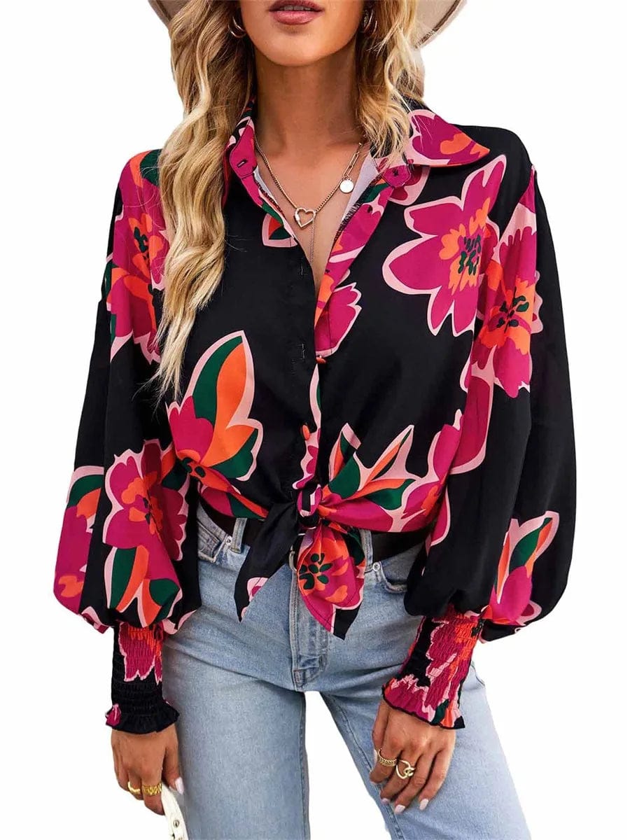 Eleganza Italiana Women s Floral Print V-Neck Button Down Blouse with Puff Sleeves - Stylish Boho Loose Fit Dressy Top for Fall Streetwear high fashion shein amazon temu target Walmart online