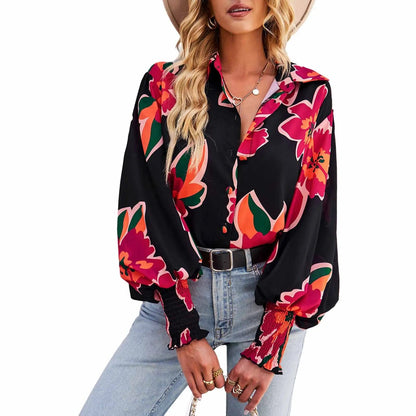 Eleganza Italiana Women s Floral Print V-Neck Button Down Blouse with Puff Sleeves - Stylish Boho Loose Fit Dressy Top for Fall Streetwear high fashion shein amazon temu target Walmart online